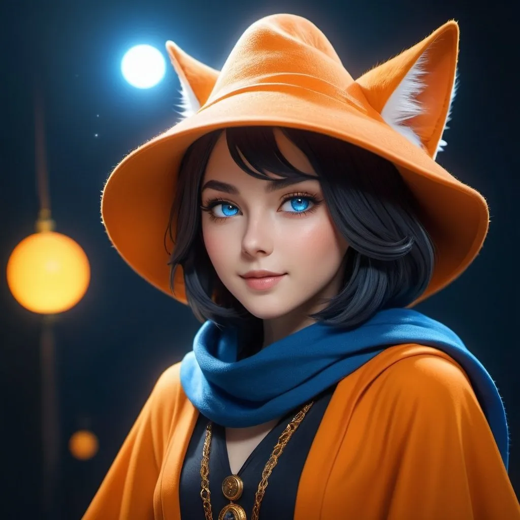 Prompt: Cinematic rendering of an etheric wizard with cat ears and an orange floppy hat, floating with no legs, wearing an orange tunic and a blue scarf, glowing golden eyes peeking from beneath the hat, fantasy, floating, detailed eyes, highres, cinematic, magical, etheric, cat ears, no legs, orange tunic, blue scarf, golden eyes, professional, atmospheric lighting,