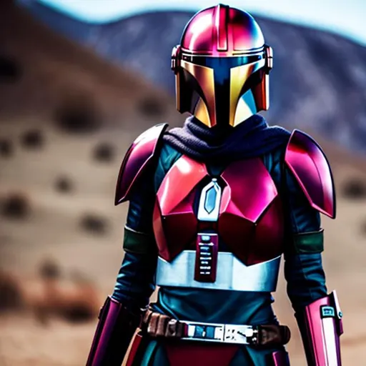 Prompt: blond woman in red mandalorian armor from the neck down, show full head, she has short blond hair, blue eyes, dangerous but beautiful.