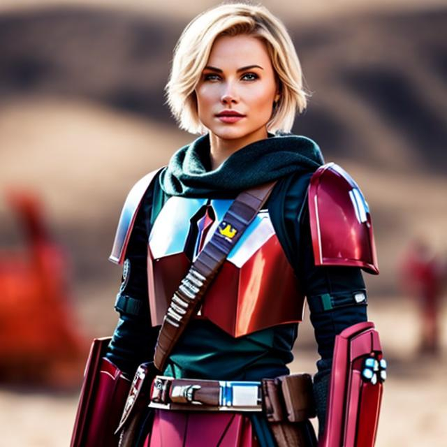 Prompt: short blond hair, woman in red mandalorian armor from the neck down, show full head, she has short blond hair, blue eyes, dangerous but beautiful. No helmet