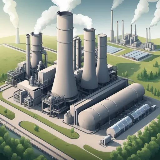 Prompt: Create an image of a futuristic steel plant next to a cement plant. The plants should be powered by clean energy, have no emissions and look clean and green. Feel free to make the image more cartoon/animated/graphic in style