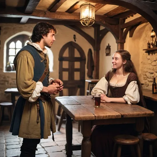 Prompt: Young man talking to a woman who deals in a medieval tavern secretly