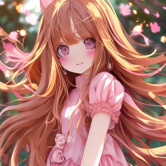 Prompt: A girl with long brown and golden hair, golden eyes, gold horns, and bright different shades of pink clothes like anime style