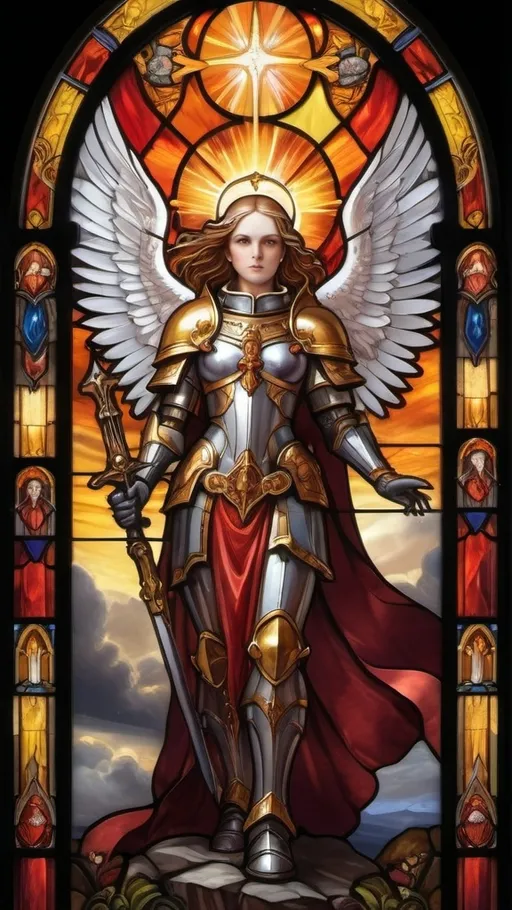 Prompt: "A stained-glass window depicting Saint Celestine, the Living Saint, in a divine and heroic pose. She stands tall, clad in ornate golden and crimson armor, her flowing white robes billowing behind her. Massive, radiant angelic wings extend from her back, crafted in intricate stained-glass patterns, glowing with divine light. She wields the Ardent Blade, its flame captured in shimmering reds, oranges, and yellows. Her face is serene yet determined, framed by a golden halo that shines with celestial energy. Surrounding her are cherubic figures, purity seals, and Imperial aquilas, all meticulously detailed in the stained-glass medium. The background consists of towering gothic cathedrals, radiant beams of light breaking through darkened storm clouds, and shattered enemies of the Imperium at her feet. Thick black lead lines separate the vibrant colors, giving the entire scene the sacred and powerful aura of a holy Warhammer 40K relic.