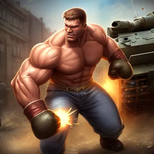 Prompt: Massive buff man fighting a tank