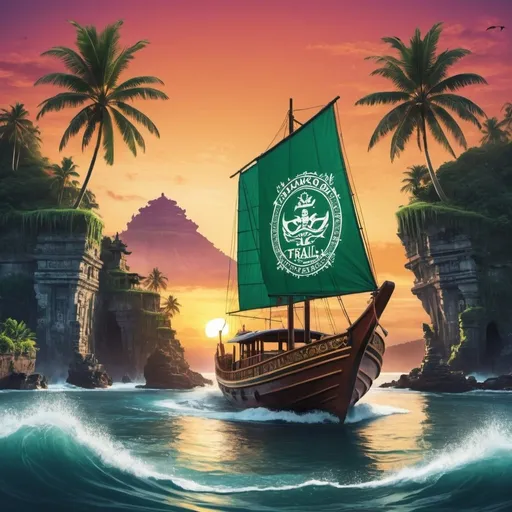 Prompt: Create a t-shirt design for Transcargo's company trip to Bali in 2024. The design should incorporate elements of worldwide shipping and Balinese culture. Include a stylized depiction of a traditional Balinese boat sailing across an ocean backdrop, adorned with shipping containers representing Transcargo's global operations. Incorporate lush green rice terraces, palm trees, and a colorful sunset in the background. Include the Transcargo logo on the boat's sail, surrounded by intricate Balinese patterns. Add the text 'Transcargo Bali Trip 2024' in bold typography at the bottom, along with the tagline 'Connecting the World, One Island at a Time.' Aim for a vibrant and visually striking design that captures the spirit of the company trip