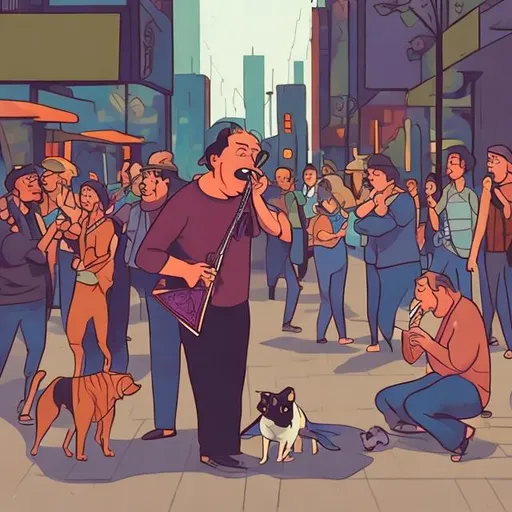 Prompt: A man playing his harmonica with his dog in a city, people dancing around him, cartoon