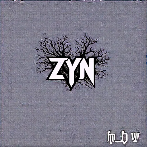 Prompt: Zyn logo in font style of the metal band “pathology” with branching on edge of letters, minimalist, initials “h b w” directly underneath it in smaller font, linear pattern in background 