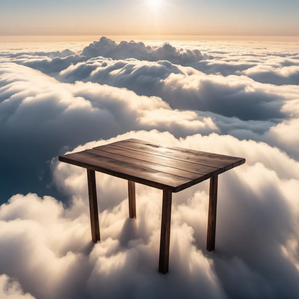 Prompt: a wooden table towering above the clouds, its legs stretching to the ground