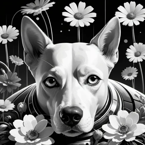 Prompt: Futuristic-retro futurism black and white illustration of a dog, abstract flowers in monochrome, retro-futuristic table setting, detailed fur with contrasting shades, intense and curious gaze, high-tech atmosphere, best quality, highres, monochrome, futuristic-retro, detailed eyes, abstract flowers, sleek design, professional, atmospheric lighting