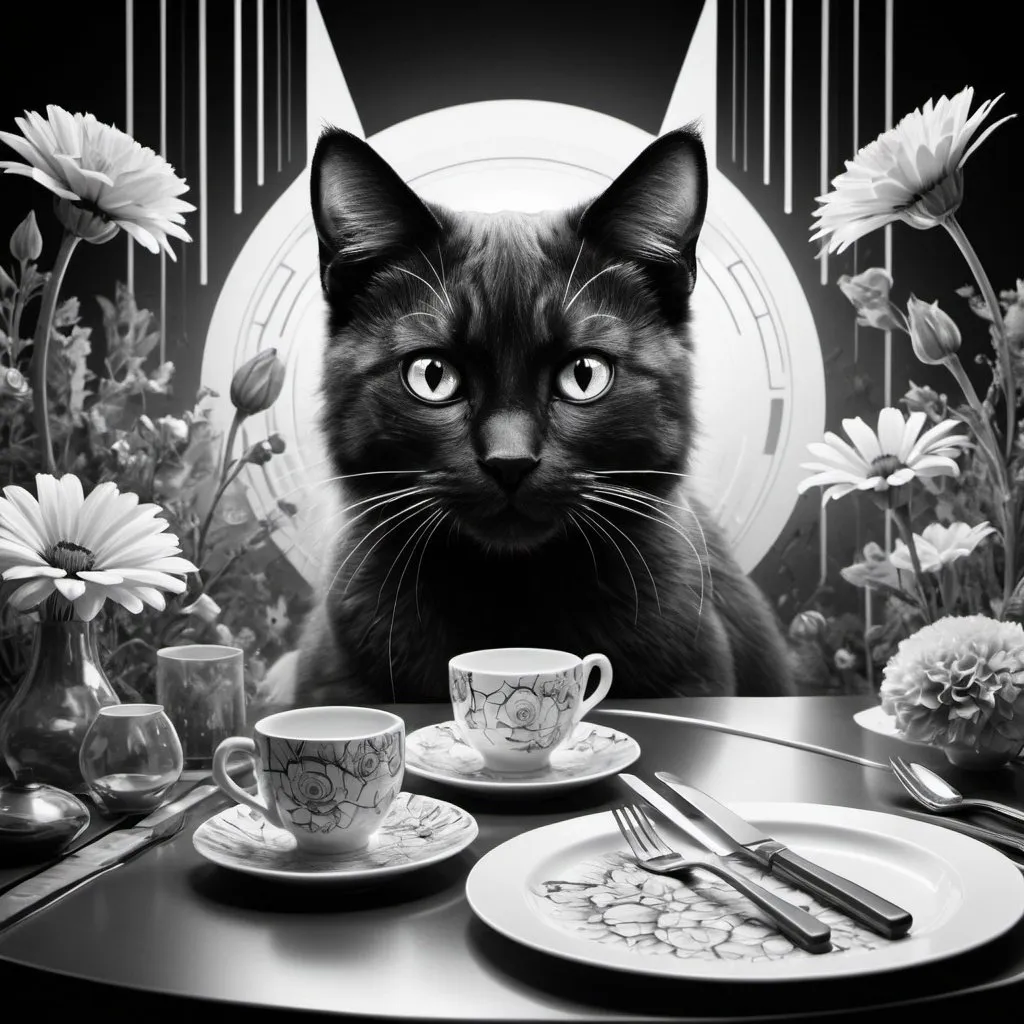 Prompt: Futuristic-retro futurism black and white illustration of a cat, abstract flowers in monochrome, retro-futuristic table setting, detailed fur with contrasting shades, intense and curious gaze, high-tech atmosphere, best quality, highres, monochrome, futuristic-retro, detailed eyes, abstract flowers, sleek design, professional, atmospheric lighting