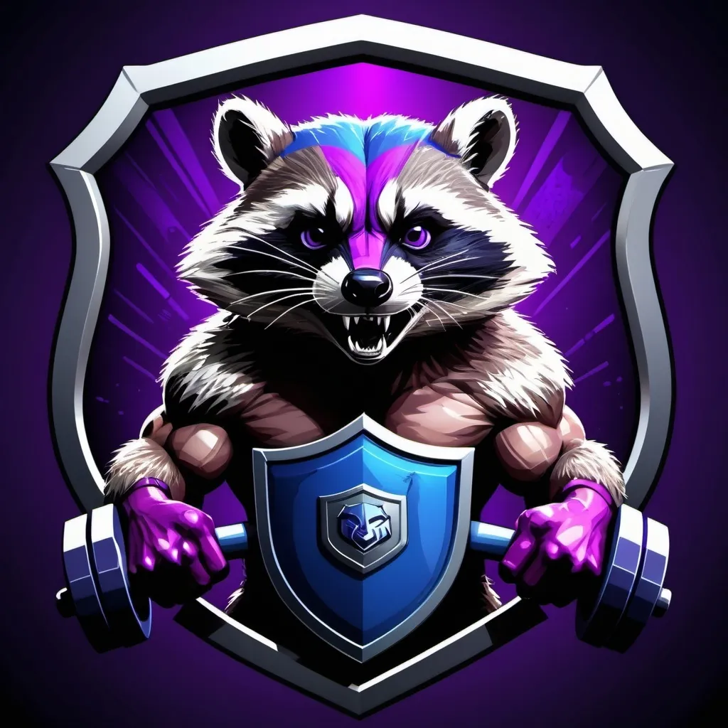 Prompt: A gaming profile logo, I would like a shield emblem in the background with an angry racoon as the logo. Deep colours of purple and blue. Make this a powerlifting racoon.