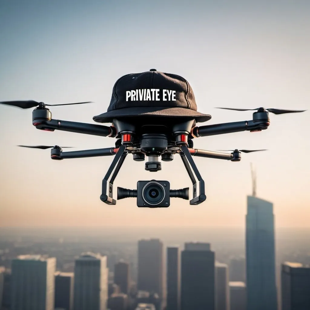 Prompt: A drone wearing a detective hat with the caption "Private Eye in the Sky."