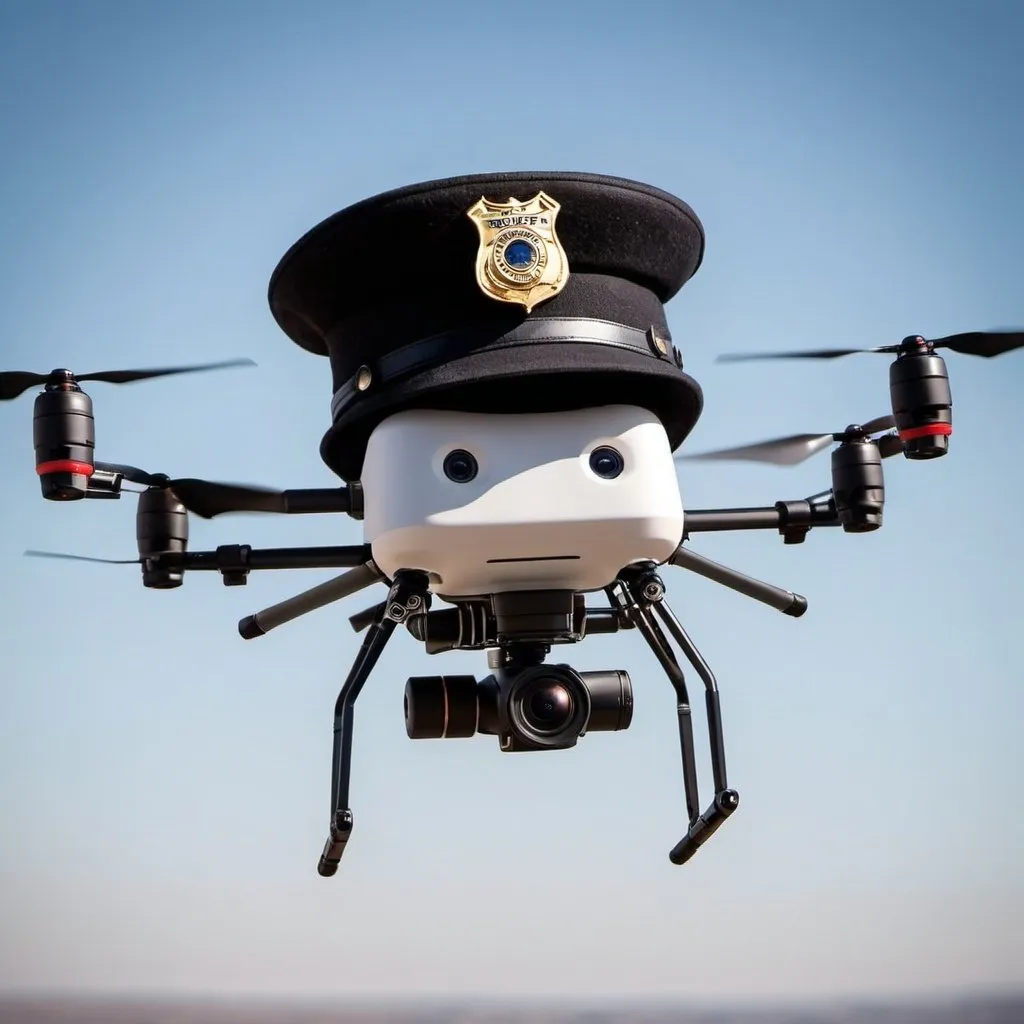 Prompt: A drone wearing a detective hat with the caption "Pilot."