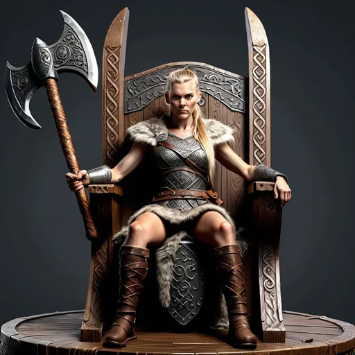 Prompt: Female Viking warrior princess sitting on a viking throne with legs spread large viking battle axe propped on throne, 3D, high resolution, realistic