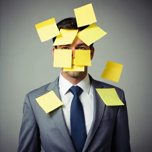 Prompt: Business man covered with 5 sticky notes