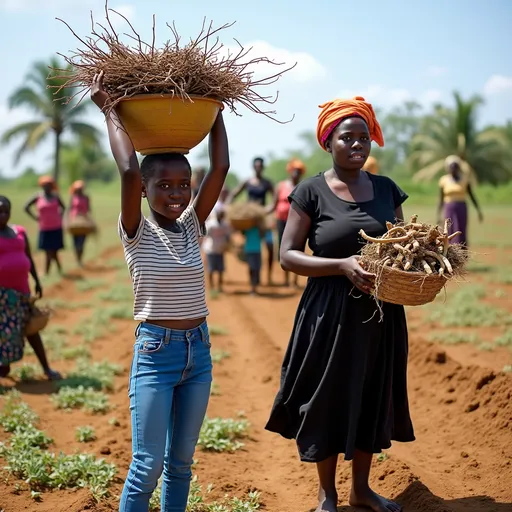 Prompt: In a sunlit agricultural setting, a group of women is engaged in harvesting, surrounded by a landscape of dry, tilled earth dotted with patches of greenery. Two women stand prominently in the foreground; one, a young girl, balances a large bowl of sticks on her head, wearing a striped shirt and bright blue jeans, while the other holds a bundle of roots and is adorned in a flowing black dress, showcasing expressive facial features. Behind them, additional women, some carrying baskets or wearing vibrant head wraps, contribute to the collective effort, creating a strong sense of community and labor. The atmosphere is imbued with a spirit of collaboration and resilience, highlighted by the earthy tones of the soil and the women’s colorful attire, which contrast with the sparse background of palm trees and uneven terrain.