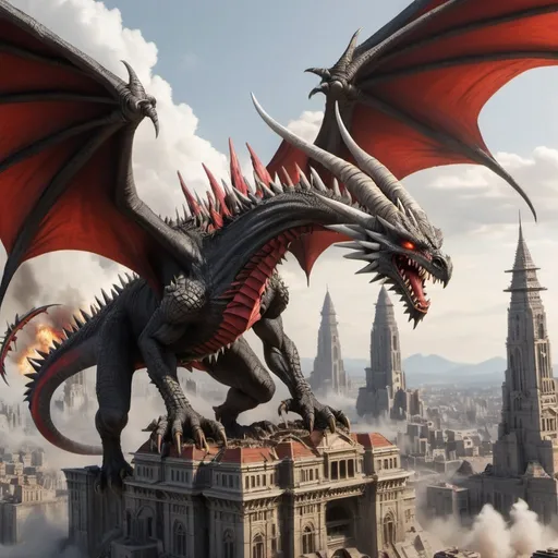Prompt: A dragon with red dorsal plates and red atomic breath destroying destroyed a city
With long legs and long arms flying with his Very long and big wings
And grey scales and lots of spikes 
And chin spikes 3 heads and 2 tails