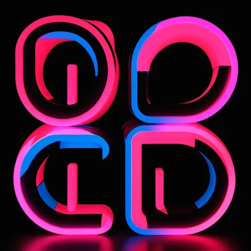 Prompt: 1 Neon red blue and pink spelled with NEo0 with reflective black background 
