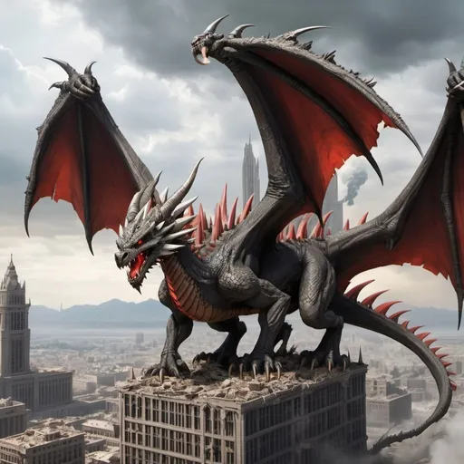 Prompt: A dragon with red dorsal plates and red atomic breath destroying destroyed a city
With long legs and short arms flying with his Very long and big wings
And grey scales and lots of spikes 
And chin spikes 3 heads and 2 tails