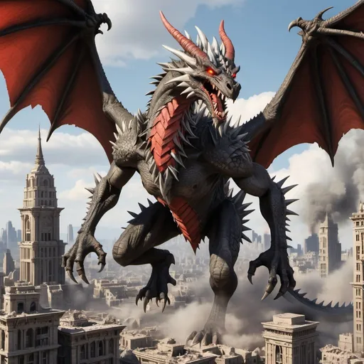 Prompt: A dragon with red dorsal plates and red atomic breath destroying destroyed a city
With long legs and short arms flying with his Very long and big wings
And grey scales and lots of spikes 
And chin spikes 3 heads and 2 tails