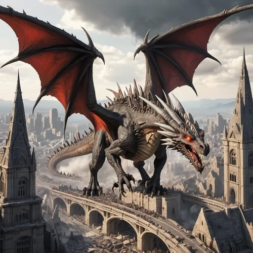 Prompt: A dragon with red dorsal plates and red atomic breath destroying destroyed a city
With long legs and long arms flying with his Very long and big wings
And grey scales and lots of spikes 