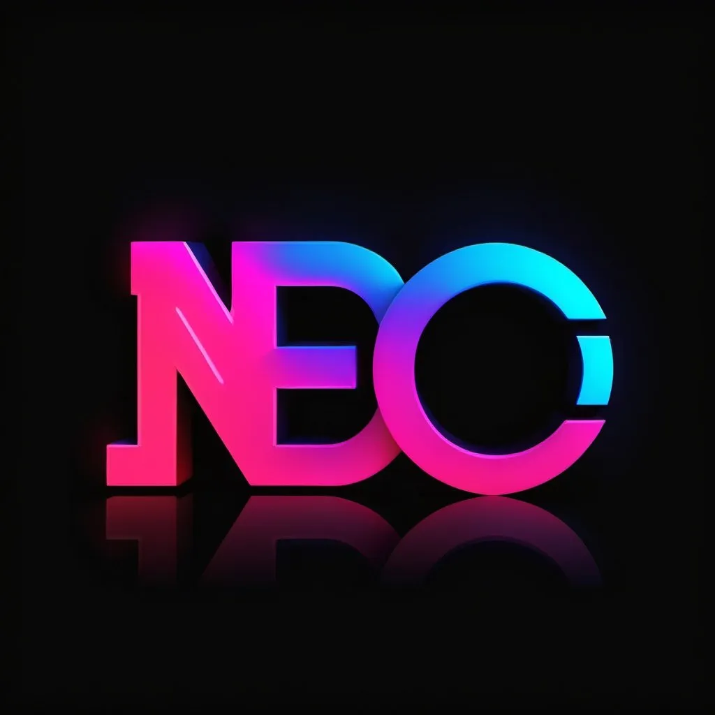 Prompt: Neon blue pink and red words NEo0 with a black reflective background 