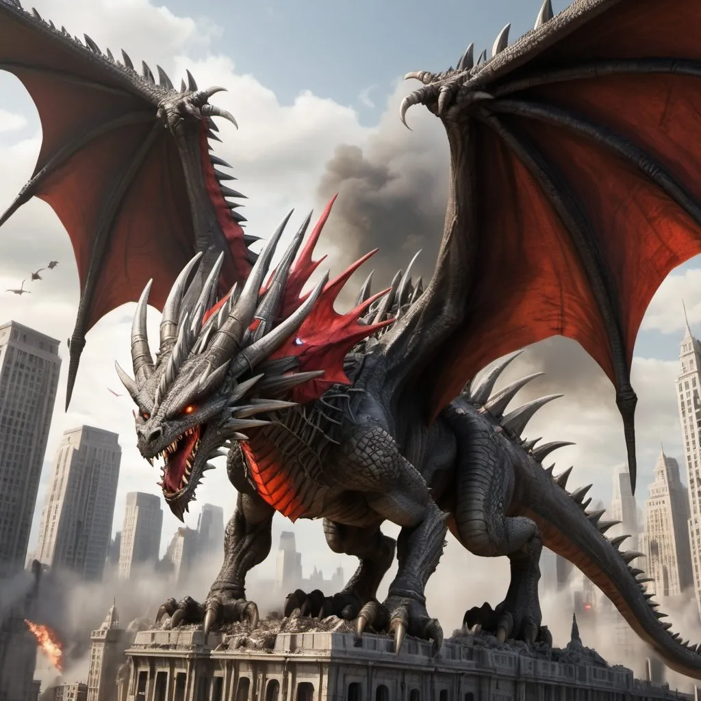 Prompt: A dragon with red dorsal plates and red atomic breath destroying destroyed a city
With long legs and long arms flying with his Very long and big wings
And grey scales and lots of spikes 
And chin spikes 3 heads and 2 tails