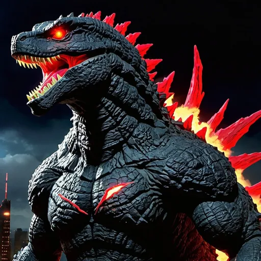 Prompt: Godzilla with red dorsal plates glowing pink and a sucked in chest 