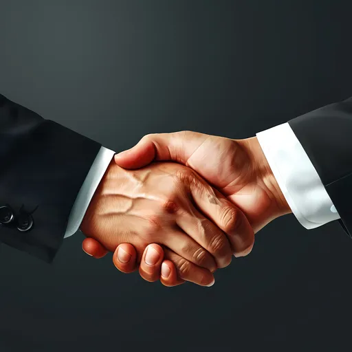 Prompt: realistic human hands of partnership of Technology related business deals.