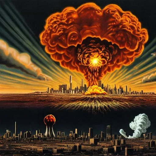 Prompt: A nuclear fireball and mushroom cloud rise above a nuked Oklahoma city. There are masses of people looking on in terror of this apocalypse
