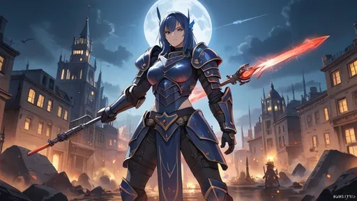 Prompt: beutiful automata with full armor weapons at the top of city at midnight