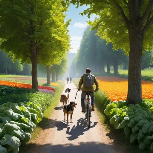 Prompt: A passage between the slopes of vegetables and high trees walked by a man and the weather is beautiful sunny and another person riding a bicycle and another person walking next to him a nice dog