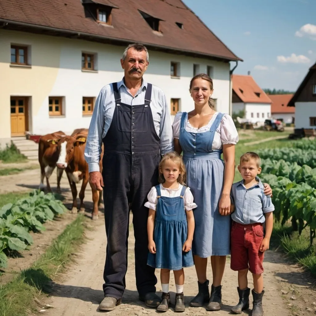 Prompt: swabian hungarian farmer family standing in front of village, father, mother, son, daughter 

