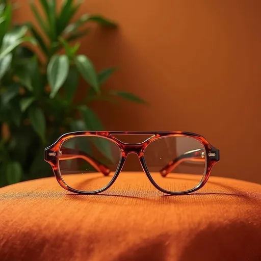 Prompt: pair of glasses on terracotta textile, orange background with lush foliage found across many African landscapes