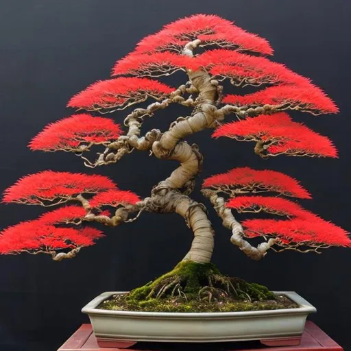 Prompt: A detailed depiction of a Red Maple Bonsai, showcasing its vibrant leaves and intricate branching pattern.