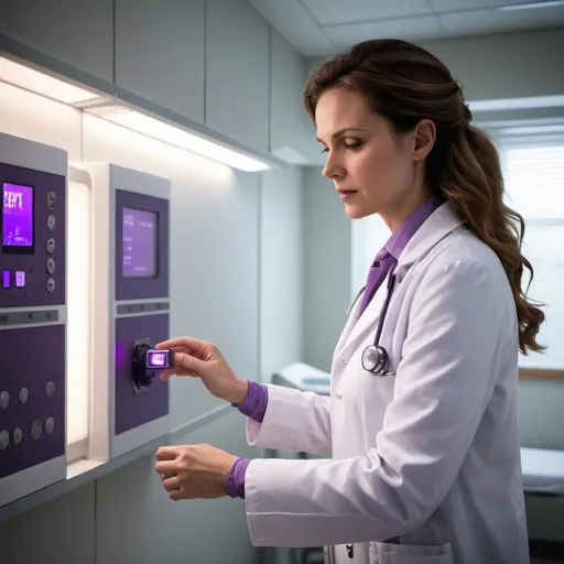 Prompt: high-quality, realistic photo of a doctor in a modern medical facility. The doctor, dressed in professional hospital attire with a white coat, is pressing buttons on a wall mounted small purple air conditioning control unit in a patient's room. The hospital setting is detailed, showing various medical equipment and a clean, well-lit environment. The doctor's action is focused, and the buttons on the control unit are clearly detailed. The lighting in the room is atmospheric, adding to the realistic ambiance of the scene.