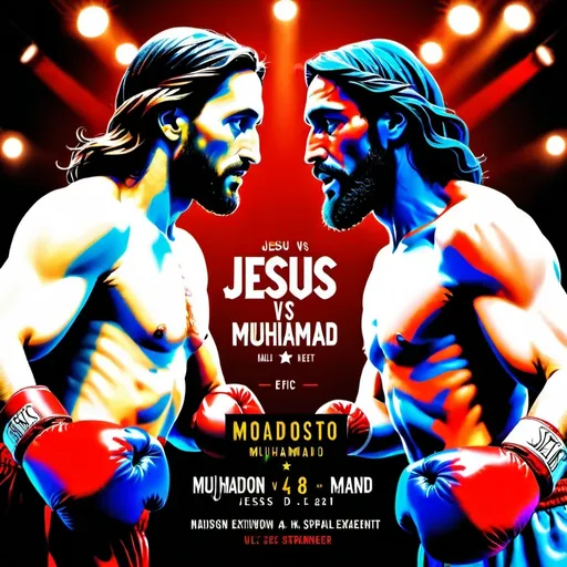 Prompt: Boxing style poster for Jesus vs Muhammed at MSG 25th Dec 2024