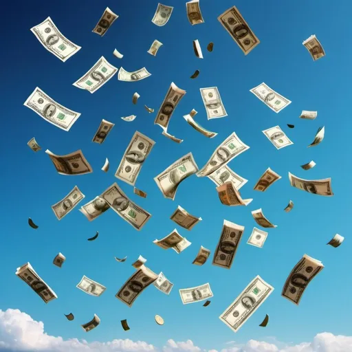 Prompt: Hoards Money falling from the sky