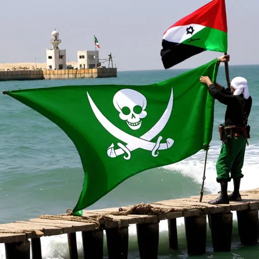 Prompt: Gaza United States Pier being anchored to shore by Lucky the Leprechaun character and pirate crew show Muslim brotherhood flag on pier
