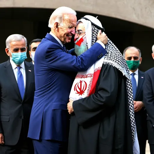 Prompt: Biden wearing keffiyeh waving Iran flag hugging the supreme leader of iran