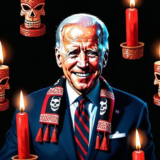 Prompt: Dark background with tiki lanterns and candles.  President Biden wearing devil horns keffiyeh scarf with a devilish grin