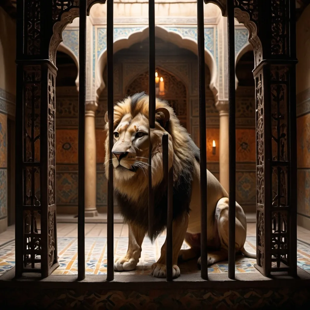 Prompt: a  nervous lion in the cage,cage with the vertical iron bars,long shot, in the old and middle east bilding, with the iranian tiling, Warm colors versus cold colors of tiling,dark lighting with the a candle,photography