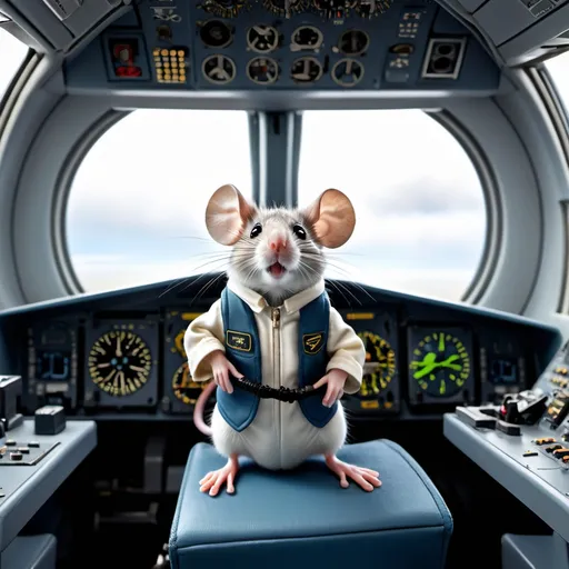 Prompt: a mouse sitting in plane cockpit flying the plane