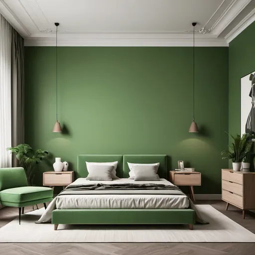 Prompt: a bedroom with a furniture in green color and wall paint according the furniture color