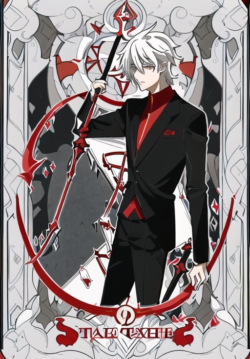 Prompt: a man in a black suit and red shirt with white hair standing in a red and white circle with his hands up holding a scythe, Adam Manyoki, remodernism, official art, a character portrait