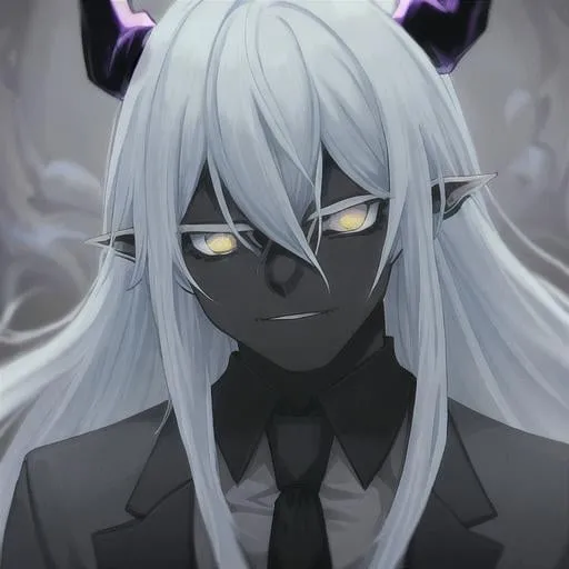 Prompt: demon person with black skin, long light blue hair, white eyes and white horns wearing a black suit with yellow accents