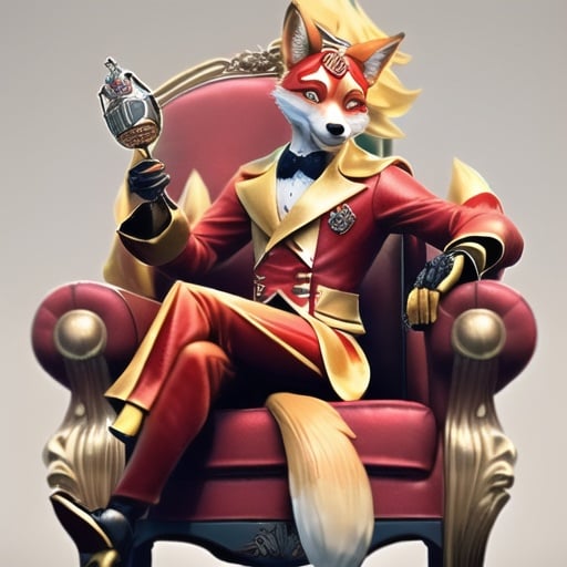 Prompt: male fox in a vintage 1920s red and yellow Jester costume with a red fox tail sitting on a throne