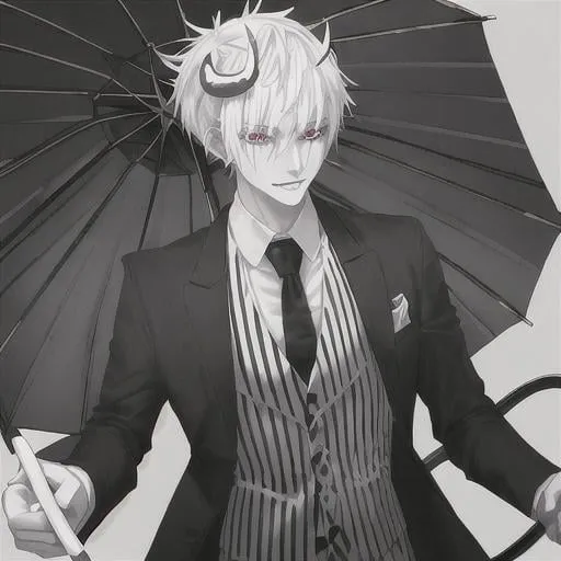 Prompt: male demon person with white skin and black stripes, short white hair with black roots, pure white eyes and white horns wearing a black and white striped suit holding an umbrella