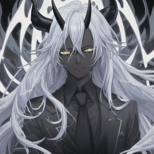 Prompt: demon person with black skin, long light blue hair, white eyes and white horns wearing a black suit with yellow accents