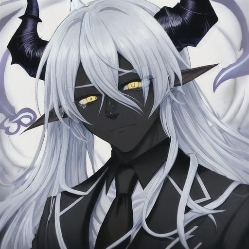 Prompt: demon person with black skin, long light blue hair, white eyes and white horns wearing a black suit with yellow accents